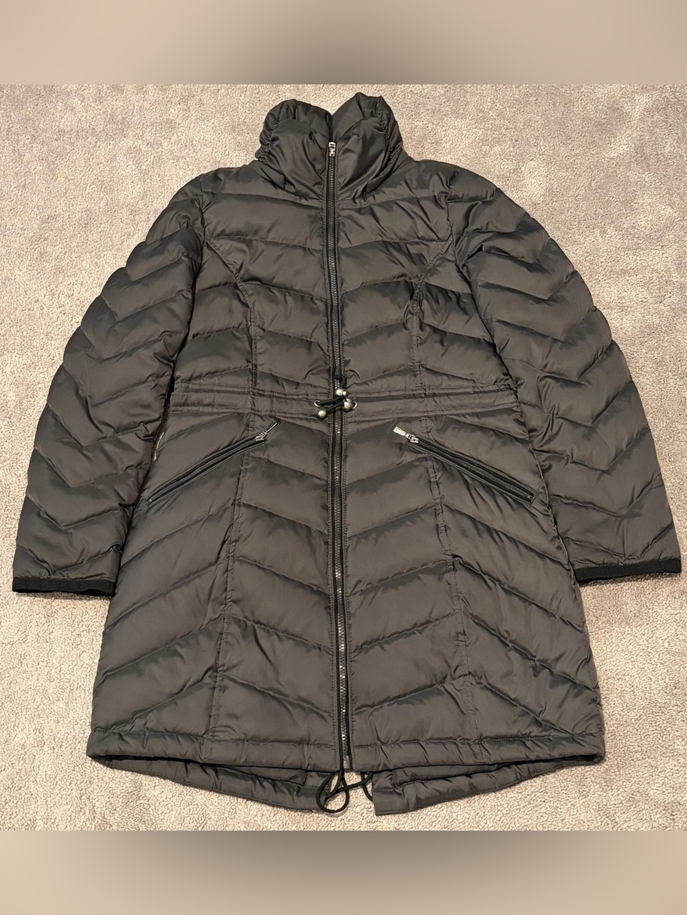 Dawn Levy Women’s Sleek Black Down Long Sleeve Puffer Coat Size Medium (NO HOOD)